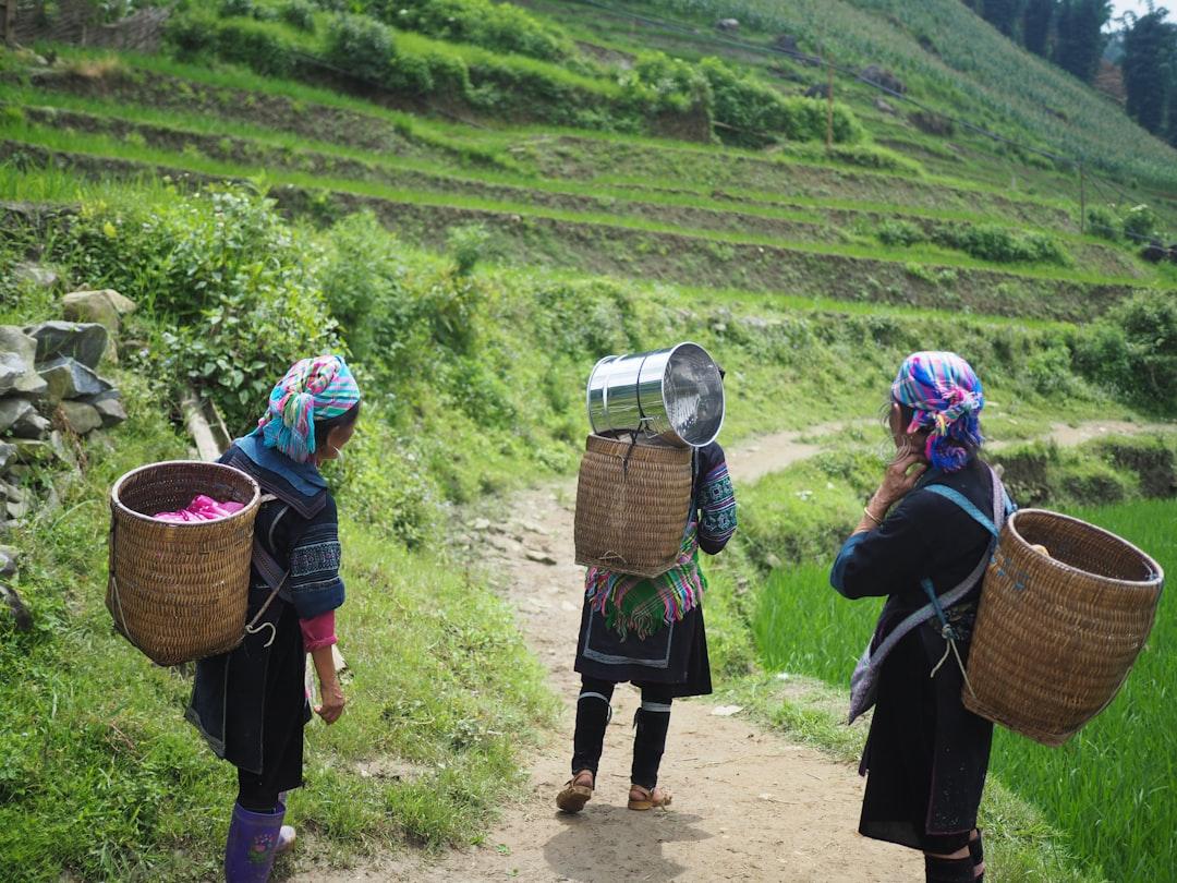 Three people wearing brown wicker baskets walking on road from Ives Ives on Unsplash Thời kì sinh sản dài giảm bệnh Parkinson